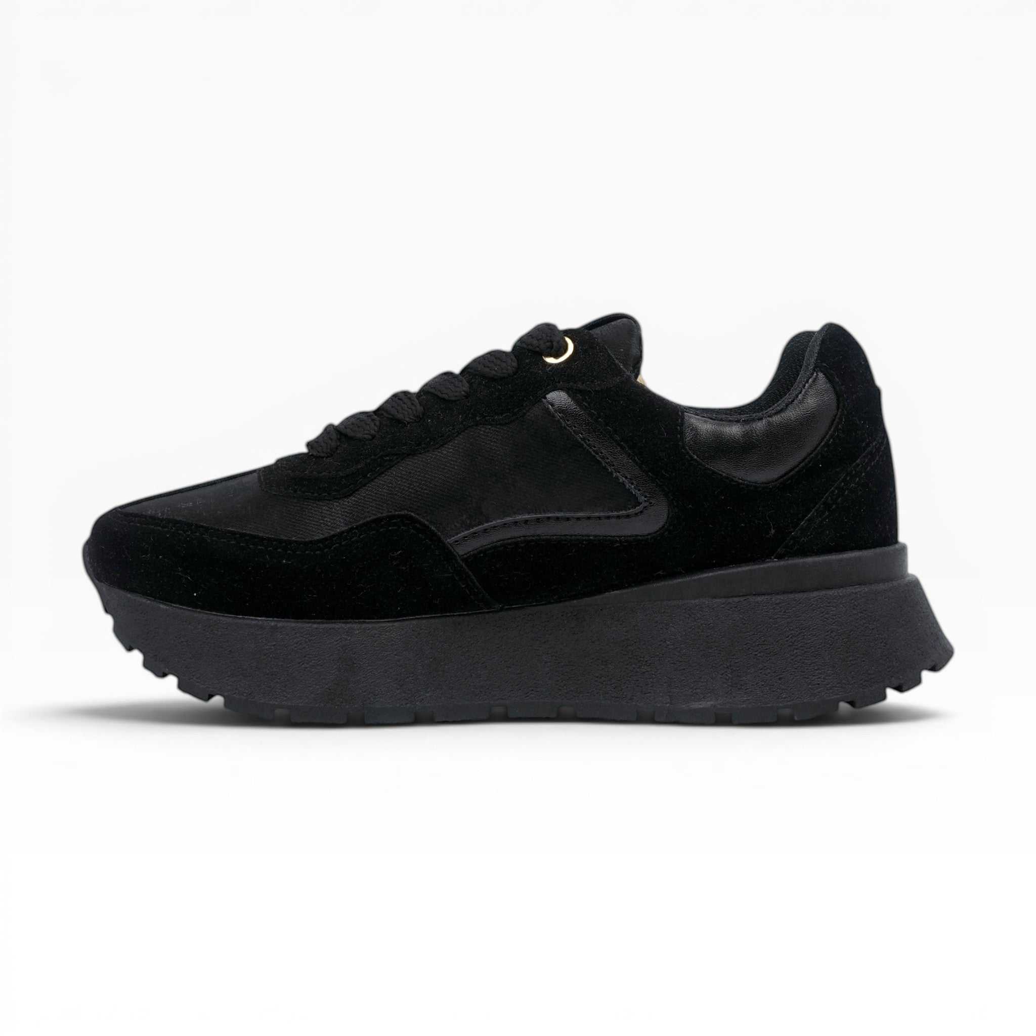 Tenis CALZADO SPIMFER negros de plataforma para mujer, estilo minimalista con detalles de ante y tejido.