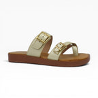 Sandalias Tres Puntadas Spimfer Champaña para Mujer: Comodidad y Brillo Casual