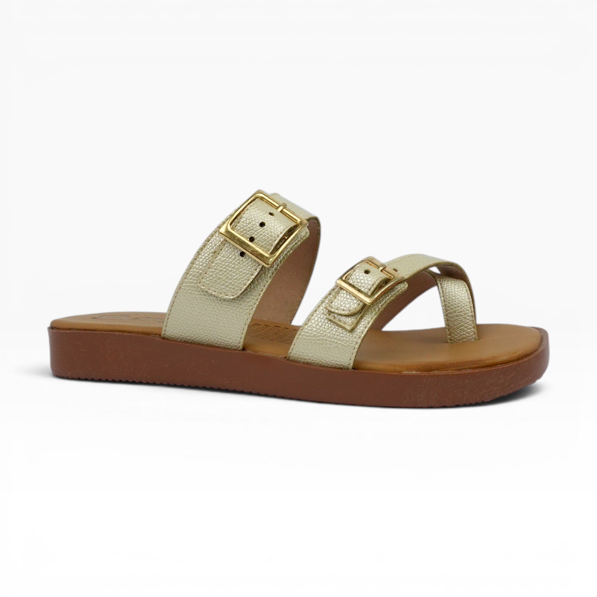 Sandalias Tres Puntadas Spimfer Champaña para Mujer: Comodidad y Brillo Casual