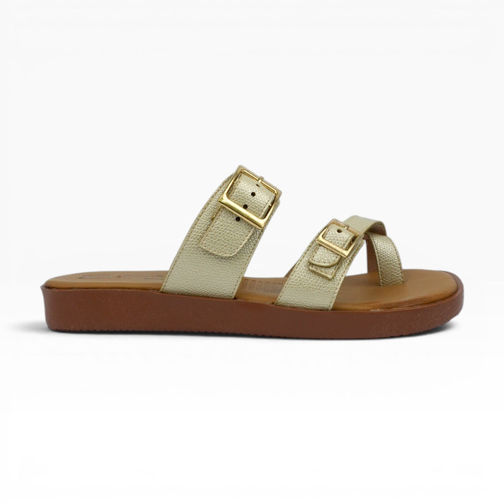 Sandalias Tres Puntadas Spimfer Champaña para Mujer: Comodidad y Brillo Casual
