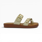 Sandalias Tres Puntadas Spimfer Champaña para Mujer: Comodidad y Brillo Casual